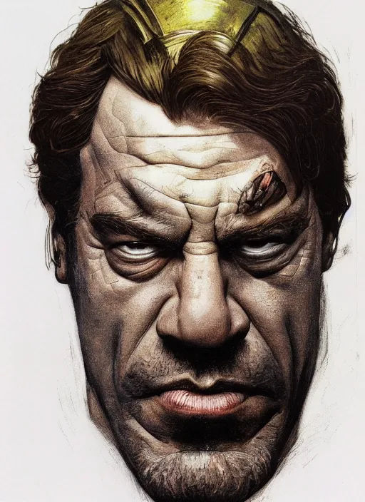 Image similar to upper body and head portrait of javier bardem as thanos, by lawrence alma tadema and zdzislaw beksinski and norman rockwell and jack kirby and tom lovell and greg staples