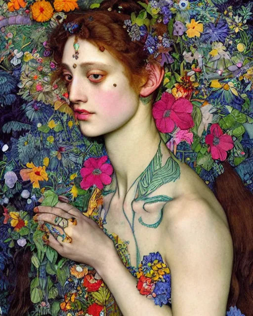 Prompt: a close up of a beautiful girl in a colourful patterned dress with colourful intricate tattoos surrounded by flowers, by edgar maxence and caravaggio and michael whelan and delacroix style, artistic, intricate drawing, light brazen, realistic fantasy, extremely detailed and beautiful aesthetic face, 8 k resolution, dramatic lighting