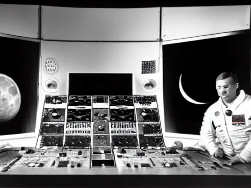 Prompt: moon landing studio set | b&w, NASA photo archive