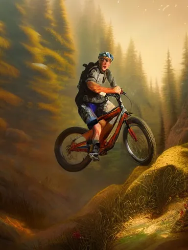 Image similar to handsome man riding a mountain bike in the wild. intricate, elegant, highly detailed, digital painting, artstation, cinematic shot, concept art, sharp focus, illustration, by justin gerard and artgerm, 8 k