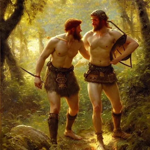 Image similar to 2 attractive male vikings frolicking in the forest. highly detailed painting by gaston bussiere, craig mullins, j. c. leyendecker, 8 k