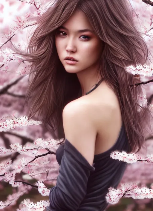 Image similar to photo of a gorgeous female with messy hair in the style of stefan kostic, realistic, body shot, sharp focus, 8 k high definition, insanely detailed, intricate, elegant, art by stanley lau and artgerm, cherry blossoms