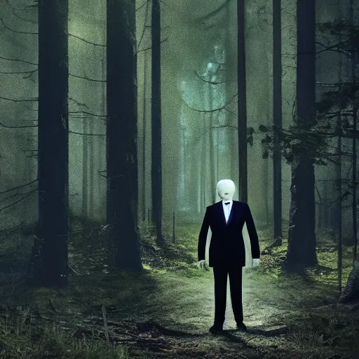 Prompt: joe biden as slenderman in forest, tall trees, night, creepy, horror, movie still, cinematic lighting, ray tracing, octane render, long lens, shallow depth of field, bokeh, anamorphic lens flare, 8 k, hyper detailed, 3 5 mm film grain