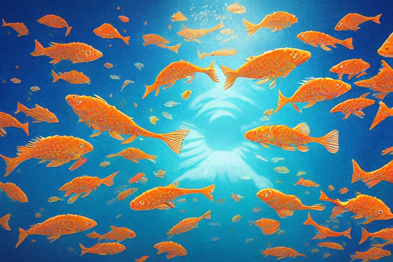 Image similar to portrait of goldfishes swarming the ocean. shadow and light. rays of light. energetic, dynamic, lively, detailed, intricate, complex. fine art by hayao miyazaki, akira toriyama, and makoto shinkai.