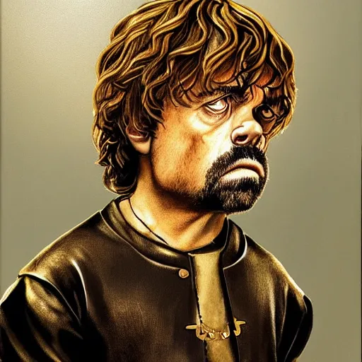 Image similar to Tyrion Lannister wearing a black baseball cap with a gold necklace that spells LEONIE, looking hiphop style painting