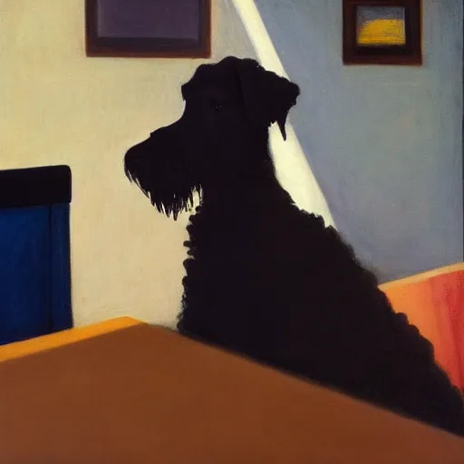 Image similar to Black Goldendoodle with a bright face and a puppy sitting at a diner drinking a cup of coffee, looking melancholy, edward hopper