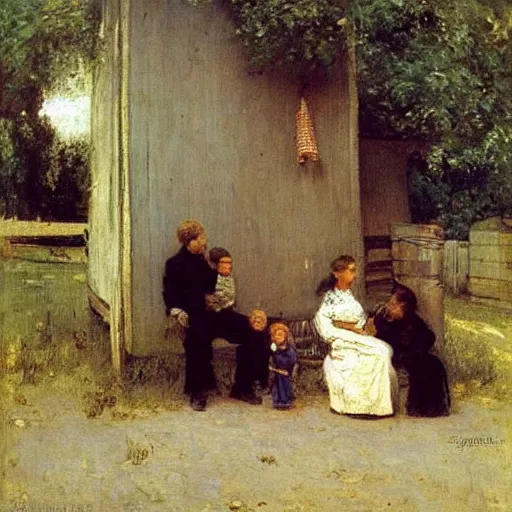 Image similar to A family in front of their Simple house, by Ilya Repin, vintage shading