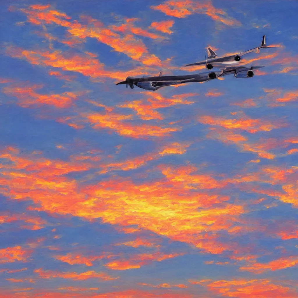 Image similar to Photorealistic painting of a plane flying straight into World Trade Center with a beautiful sunset in the background