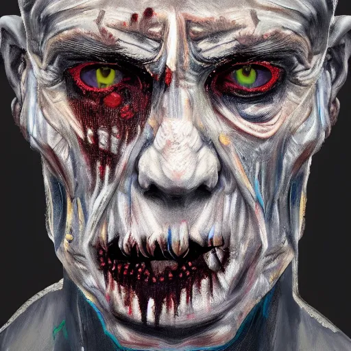 Prompt: Intricate five star Frost Zombie facial portrait by Pablo Picasso, oil on canvas, HDR, cinematic, vibrant colors, photo realistic, hyperrealism,high detail, matte finish, high contrast, 3d depth, masterpiece, vivid colors, artstationhd