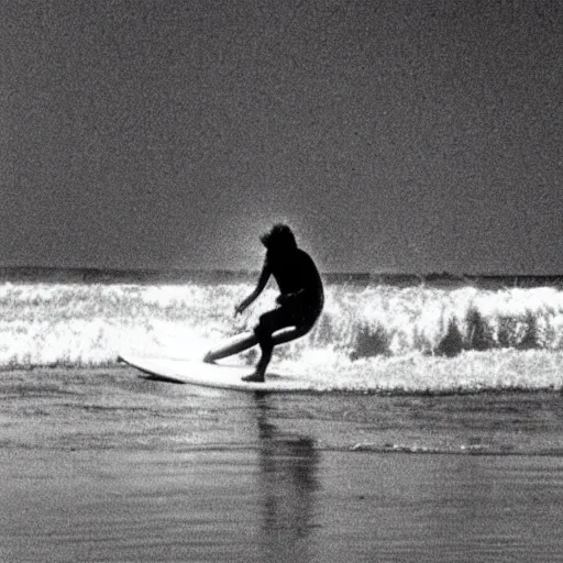 Prompt: 1960s photo of a surfer playing guitar on the waves