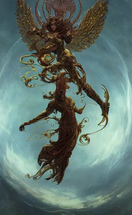 Prompt: ascending dark full body redhead goddess angel, intricate armor, highly detailed, glowing, action pose, cinematic, Art Deco, gold filigree, ethereal, alfonso mucha, zdzisław beksiński, Andrei ryabovichev, Shaun tan, Chriss foss, Peter mohrbacher, 8k