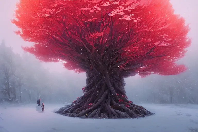 Image similar to giant tree in snow with red flowers, unreal engine, fantasy art by greg rutkowski, loish, rhads, ferdinand knab, makoto shinkai and lois van baarle, ilya kuvshinov, rossdraws, tom bagshaw, global illumination, radiant light, detailed and intricate environment