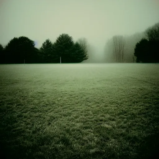 Image similar to the most horrific photo of a foggy empty field, 3 5 mm, film grain, horror