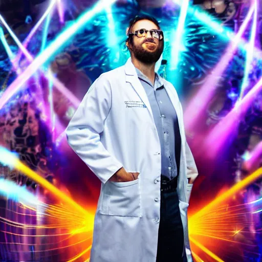 Image similar to a scientist in a lab coat at a rave