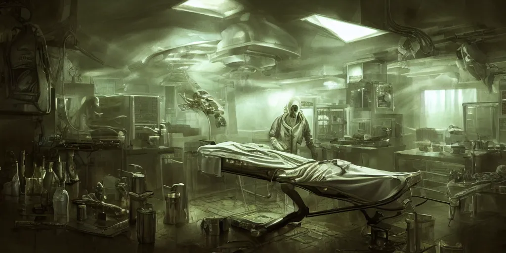 Image similar to Alien autopsy inside a secret Bio hazard Level 4 Research laboratory by John Howe, realistic, highly detailed, Beautiful dramatic moody lighting, Cinematic Atmosphere, Volumetric, 4k Resolution, Artstation,