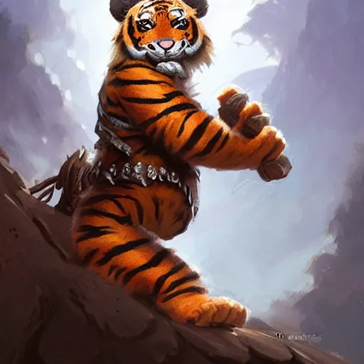 Prompt: cute little anthropomorphic Tiger Warrior, ultra wide lens shot , tiny, small, short, cute and adorable, pretty, beautiful, DnD character art portrait, matte fantasy painting, DeviantArt Artstation, by Jason Felix by Steve Argyle by Tyler Jacobson by Peter Mohrbacher, cinematic lighting