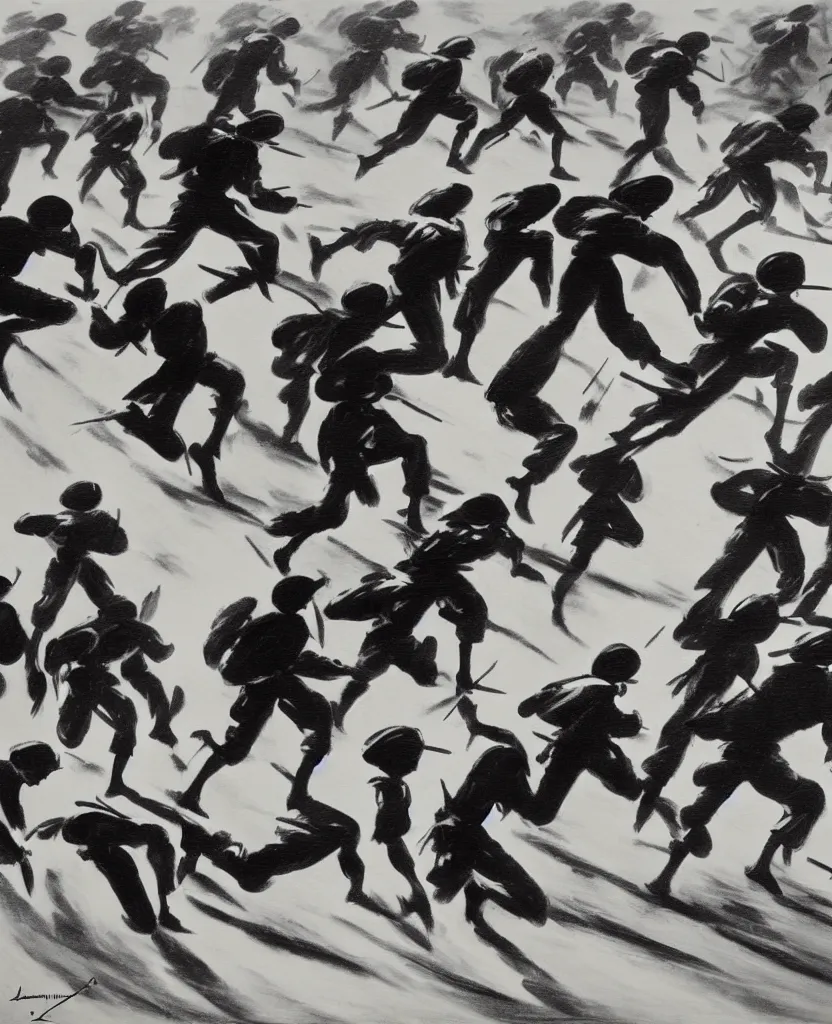 Prompt: a beautiful painting of running soldiers in el alamein battle, wwii,, black and white, painted by laszlo moholy nagy