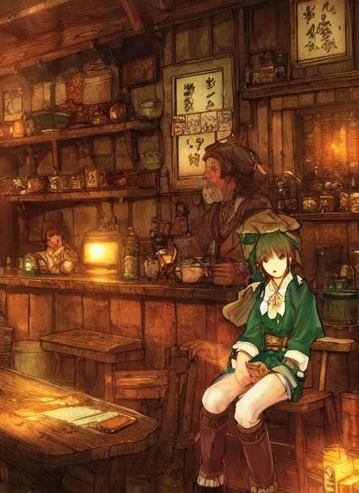 Image similar to portrait of the emerald herald sitting in a cozy tavern, hidari, color page, tankoban, 4K, tone mapping, Akihiko Yoshida.