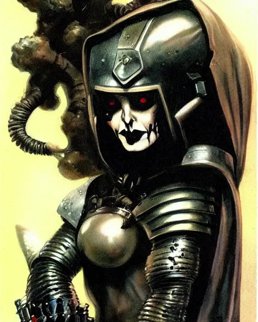 Prompt: portrait of a goth astronaut wearing armor by simon bisley, john blance, frank frazetta, fantasy, barbarian