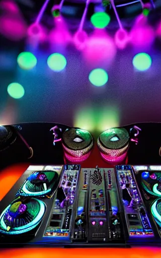 Image similar to award winning photo of an octopus! as a dj with tentacles! simultaneously placed turntables cdjs and knobs of a pioneer dj mixer. sharp, blue and fuschia colorful lighting, in front of a large crowd, studio, medium format, 8 k detail, volumetric lighting, wide angle, at an outdoor psytrance festival main stage at night