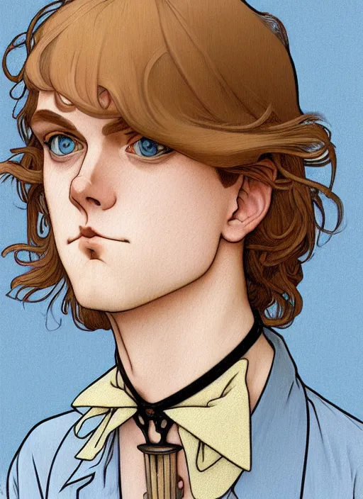 Image similar to art nouveau portrait of a pretty young man with short light brown straw blond hair, light blue eyes, sad expression, scared, head down, shy and demure, wearing a choker collar, natural lighting, path traced, highly detailed, high quality, cartoon, digital painting, by don bluth and ross tran and studio ghibli and alphonse mucha