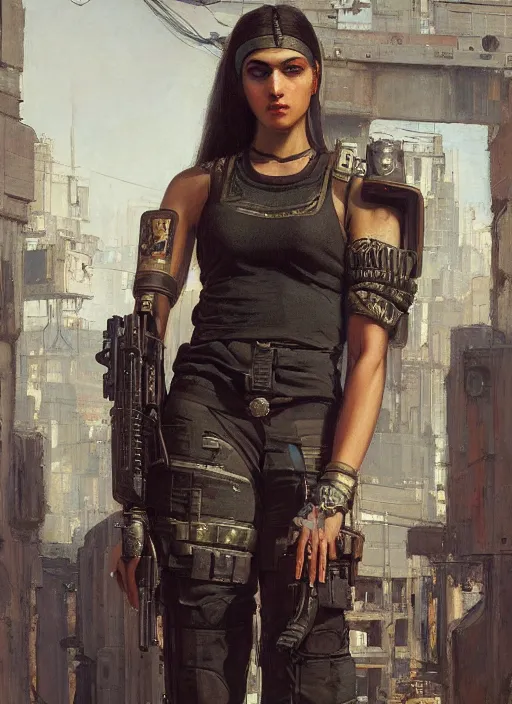 Image similar to buff Ella. beautiful cyberpunk soldier wearing a military vest and military gear (cyberpunk 2077). gorgeous face. Iranian orientalist portrait by john william waterhouse and Edwin Longsden Long and Theodore Ralli and Nasreddine Dinet, oil on canvas. Cinematic, hyper realism, realistic proportions, dramatic lighting, high detail 4k