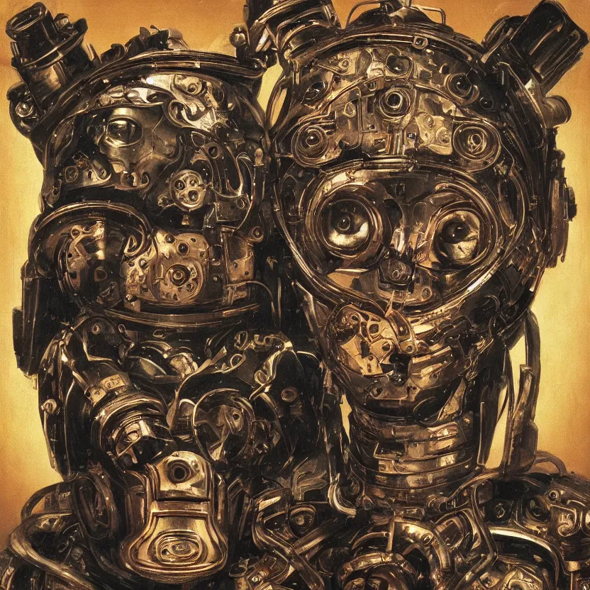 Image similar to a baroque portrait painting of a robot wearing an intense tribal mask. pulp sci - fi art for omni magazine. glowing fantasy fairies. high contrast. dark background. baroque period, oil on canvas. renaissance masterpiece. muted colors, soft gradients. trending on artstation. retrofuturism.