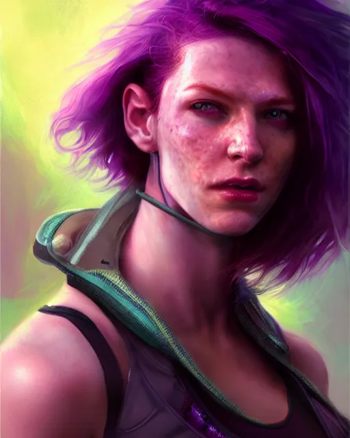 Prompt: cyberpunk hacker wearing purple halter top, perfect face, ginger hair, abs, cinematic, freckles, stunning, cute, adorable, athletic, strong, agile, highly detailed, psychedelic, digital painting, artstation, smooth, hard focus, illustration, art by jessica rossier and and brian froud