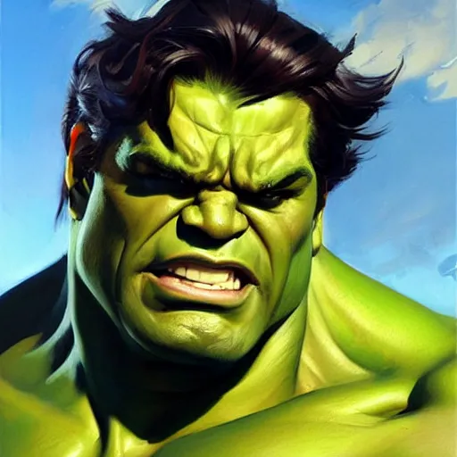 Prompt: Greg Manchess portrait painting of the Hulk as Overwatch character, medium shot, asymmetrical, profile picture, Organic Painting, sunny day, Matte Painting, bold shapes, hard edges, street art, trending on artstation, by Huang Guangjian and Gil Elvgren and Sachin Teng