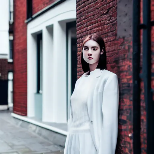 Image similar to un ultra high definition editorial photographic portrait of a female designer standing outside her trendy red brick london home wearing all white. wide angle. three point light. golden hour, golden ratio, ray tracing, volumetric light and shadow, shallow depth of field.