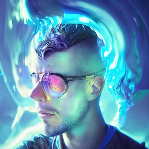 Image similar to sideways portrait of man's head vaporizing, trippy colorful vivid sky, andrew chiampo, artstation, frederik heyman, extremely detailed, stunning volumetric lighting, fantasy, hyperrealism, 3 d render, octane render, unreal engine, fantasy, intricate detail, 4 k, futuristic, sharp focus, smooth