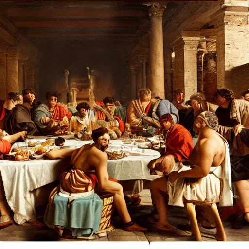 Prompt: Two men arguing at a crowded table at a Roman feast, beautiful and realistic matte painting