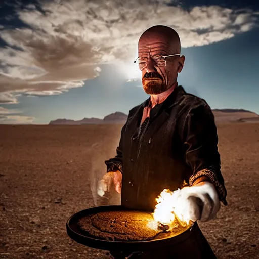 Prompt: a dramatic portrait of walter white making pizza with a blowtorch in the desert, in the style of Annie Leibovitz, Irving Penn, Hito Steyerl, Akira Kurosawa, Shinya Tsukamoto