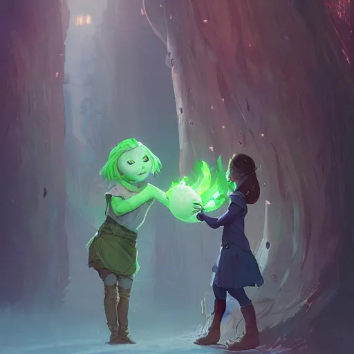 Prompt: a girl accepting an apple from a green skinned witch, by Jordan Grimmer and greg rutkowski, crisp lines and color,