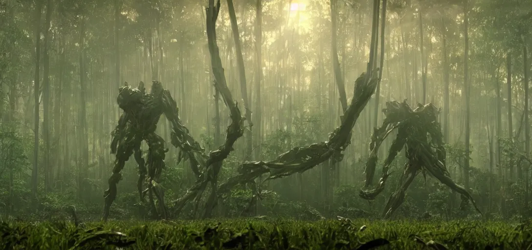 Prompt: a complex organic fractal 3 d metallic symbiotic ceramic humanoid megastructure creature in a swampy lush forest, foggy, cinematic shot, photo still from movie by denis villeneuve, wayne barlowe, sun rays, golden hour