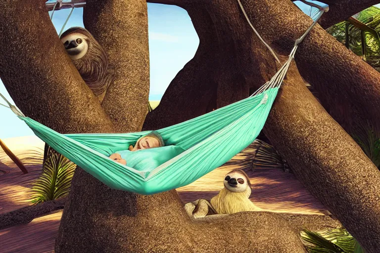 Prompt: a sloth sleeping in a comfortable hammock on a coromandel beach in new zealand, beach bar, party, award winning, vibrant, highly realistic, digital art, artstation, deviantart, hd, octane render, 4k