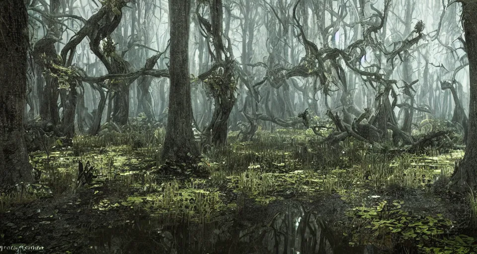 Prompt: A dense and dark enchanted forest with a swamp, from Guild Wars