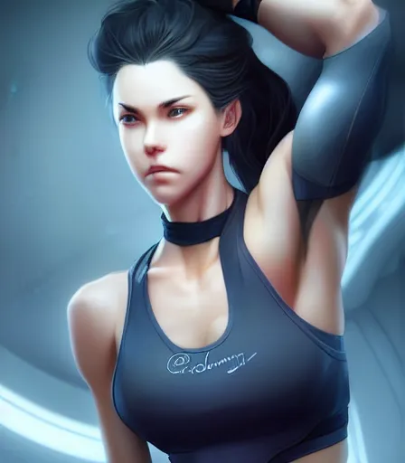 Prompt: beautiful portrait of a gorgeous personal trainer who looks like Selene from Returnal , character design by charlie bowater, ross tran, artgerm, and makoto shinkai, detailed, soft lighting, rendered in octane