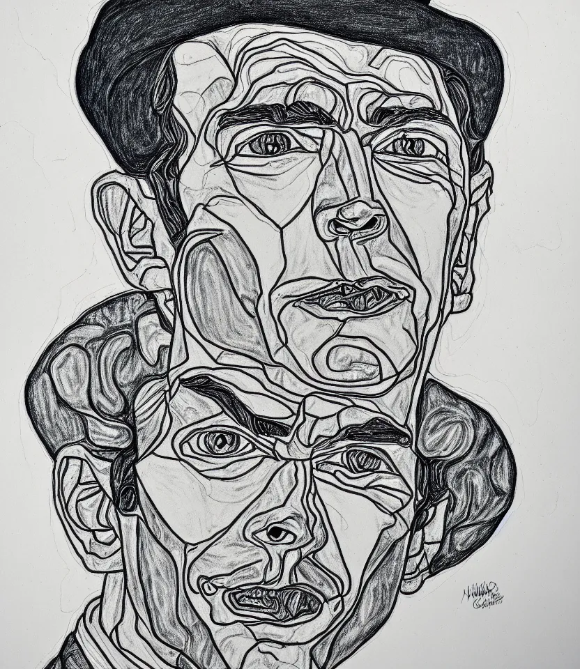 Image similar to detailed line art portrait of hank williams, inspired by egon schiele. contour lines, caricatural, musicality, twirls curls and curves, confident personality, raw emotion