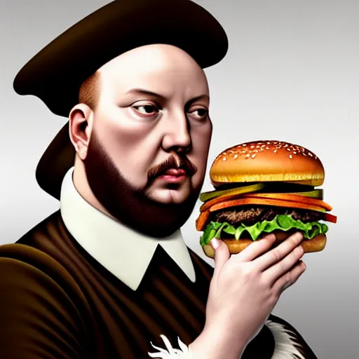 Prompt: portrait of henry viii eating hamburgers, extra onions and ketchup, luscious patty with sesame seeds, feminine ethereal, handsome, d & d, fantasy, intricate, elegant, highly detailed, digital painting, artstation, concept art, matte, sharp focus, illustration, art by artgerm and greg rutkowski and alphonse mucha