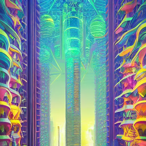 Prompt: rave alien lush skyscrapers art geometric 8 k octane render intricate details art nouveau by rob gonsalves, rhads, paul lehr, lisa frank, moebius