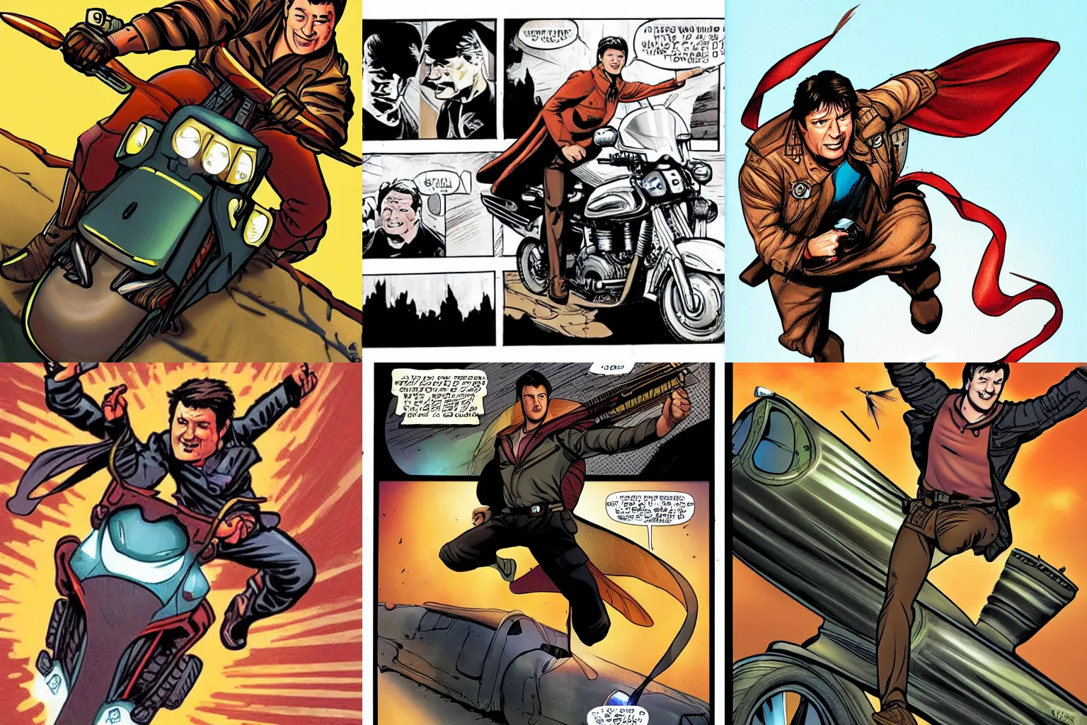 Prompt: nathan fillion riding a firefly insect, comic book style