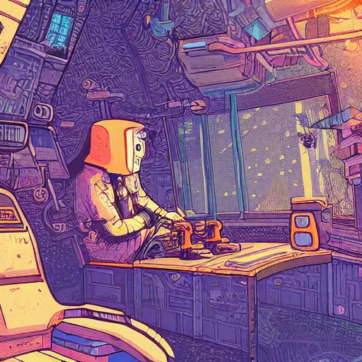 Image similar to Stunningly intricate illustration of a cyberpunk explorer playing video games in his treehouse, highly detailed, midnight, by Victo Ngai and James Gilleard , Moebius, Laurie Greasley