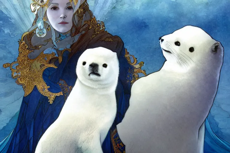 Image similar to a portrait of king baby harp seal, lord of the Arctic, portrait, gold blue silver and white colors, water color, art by artgerm and greg rutkowski and alphonse mucha and jin xiaodi and anthony devine