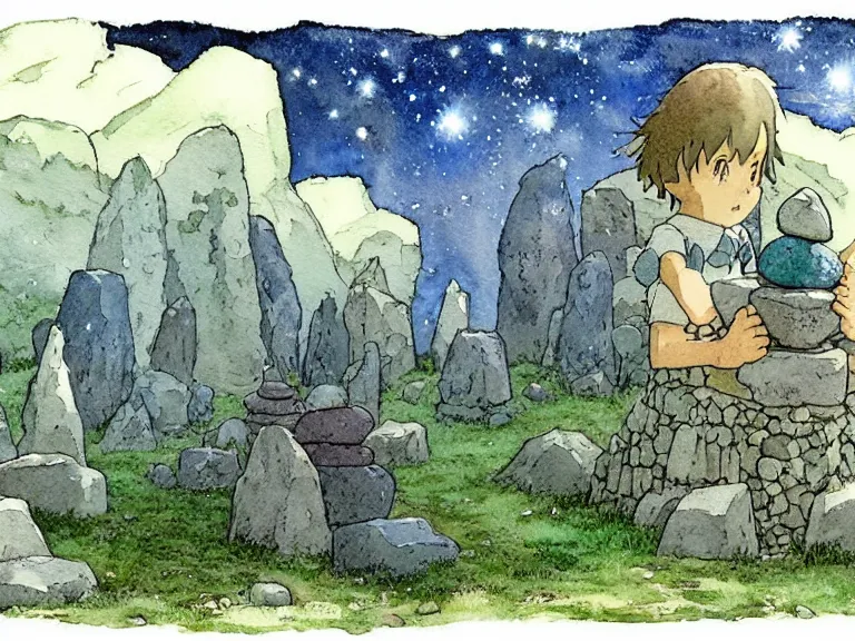 Image similar to a simple watercolor studio ghibli movie still fantasy concept art of a giant wizard playing with stones like they are toys in a tiny stonehenge. it is a misty starry night. by rebecca guay, michael kaluta, charles vess