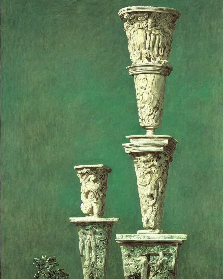 Image similar to achingly beautiful painting of intricate ancient roman corinthian capital on jade background by rene magritte, monet, and turner. giovanni battista piranesi.