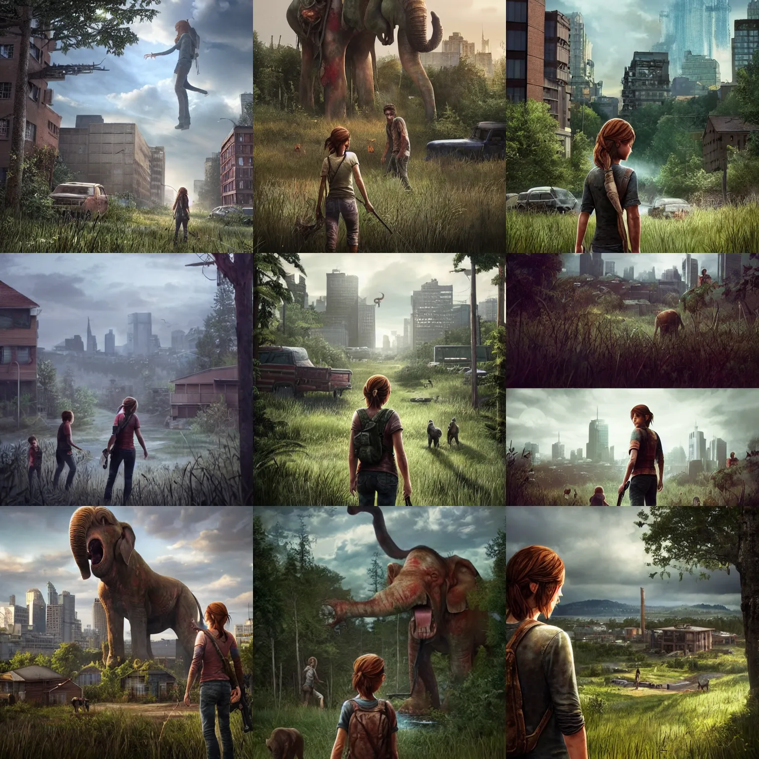 Prompt: Giant Ellie (((((((((The Last of Us))))))))))) stands next to a town, surrounded by people, digital art, trending on ArtStation, Gulliver's Travels
