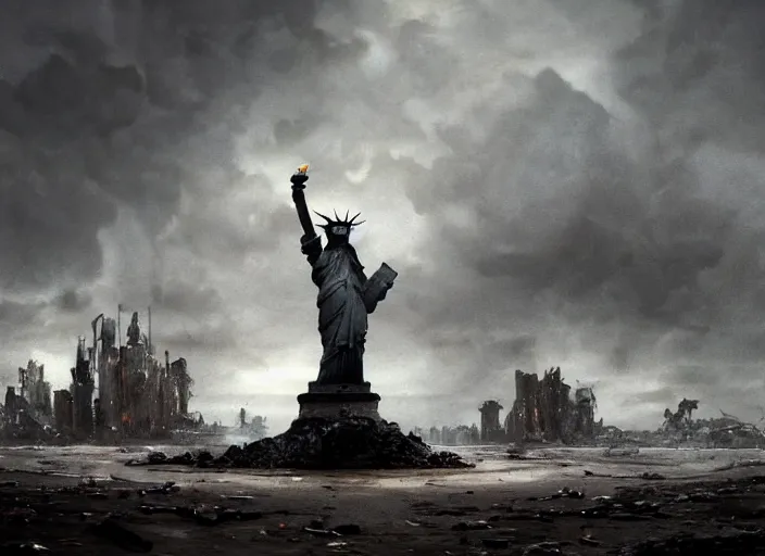 Image similar to a Photorealistic dramatic hyperrealistic render of a ruined destroyed decayed statue of liberty on a desolate beach in a post-apocalyptic world, futuristic nuclear apocalyptic planet of the apes vibe, by WLOP and Artgerm and Greg Rutkowski and Alphonse Mucha, Beautiful dynamic dramatic dark moody lighting, shadows, cinematic atmosphere, Artstation, concept design art, Octane render, 8K, masterpiece