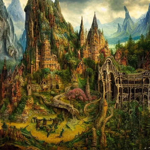 Image similar to a beautiful and highly detailed oil painting of an elven kingdom deep in the lush mountains, tangled wooden structures, stone brick structures, ancient runes, intricate details, epic scale, insanely complex, 8 k, sharp focus, hyper realism, fantasy landscape, psychedelic, by caspar friedrich and brian froud,