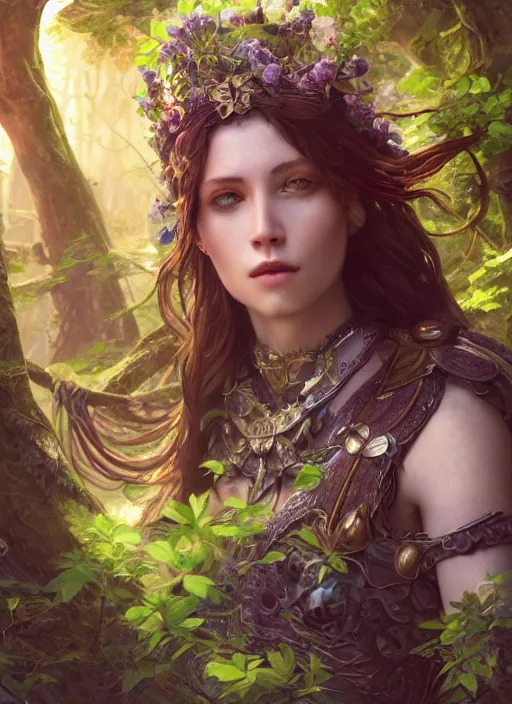 Prompt: Beautiful art portrait of a female fantasy cleric in a mystical fantasy temple surrounded by spring lush forest, atmospheric lighting, intricate detail, cgsociety, hyperrealistic, octane render, RPG portrait, ambient light, dynamic lighting